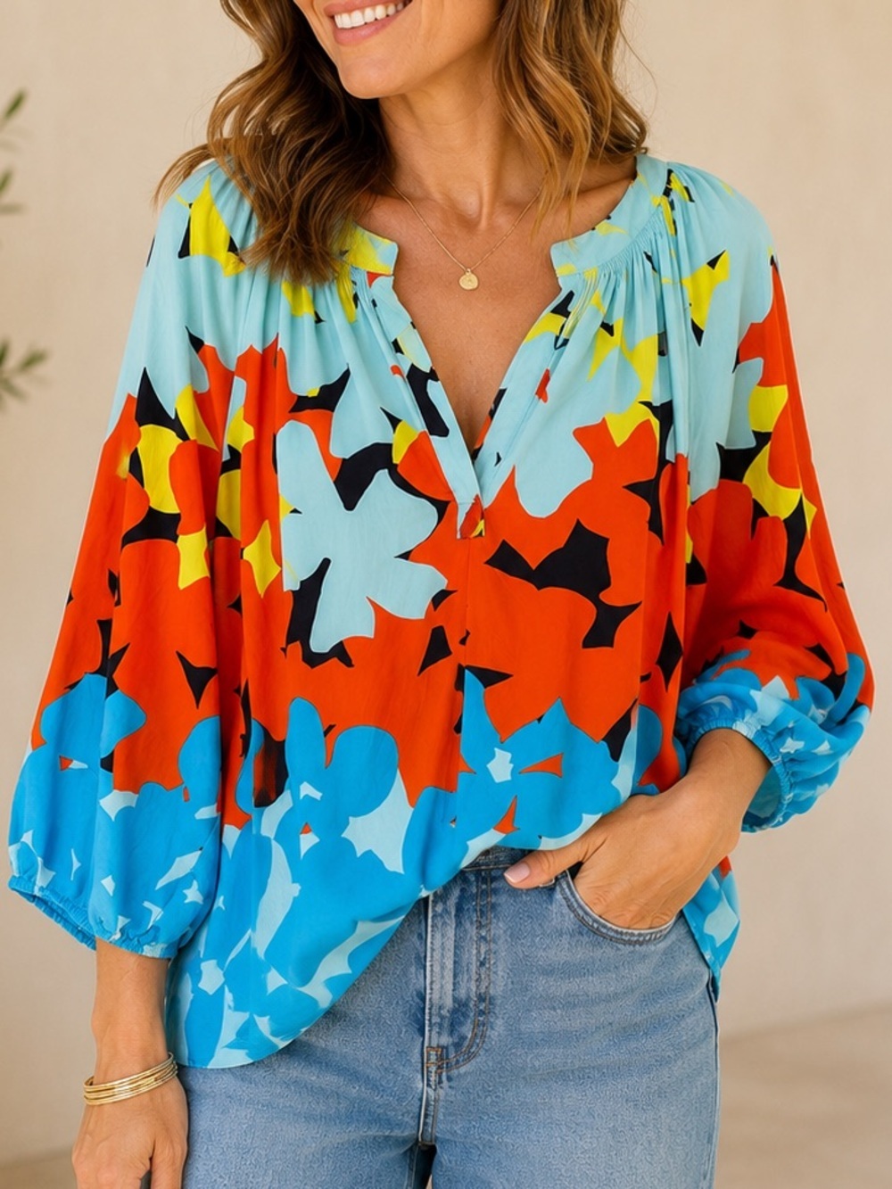 Crown & Ivy Orange Blue Floral Split V Neck Smocked Balloon Sleeve Blouse Top 2X